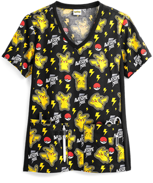 Cherokee Tooniforms Pokemon Awesome Mode Women's 4-Pocket V-Neck Print Scrub Top