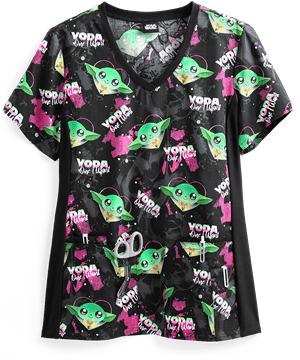 Cherokee Tooniforms Star Wars Yoda One I Want Women's 4-Pocket V-Neck Print Scrub Top