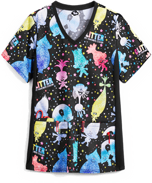 Cherokee Tooniforms DreamWorks Trolls Glitter Trolls 4-Pocket V-Neck Print Scrub Top