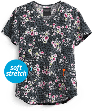 Cherokee Cheetah Floral Women's 2-Pocket V-Neck Print Scrub Top