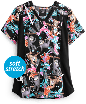 Cherokee iflex Don't Leave Me Hanging Women's 1-Pocket V-Neck STRETCH Print Scrub Top
