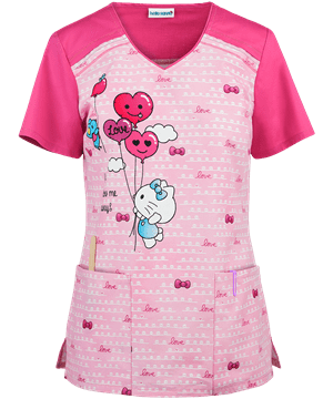 Cherokee Tooniforms Hello Kitty Hello Kitty Balloons Women's 2-Pocket V-Neck Print Scrub Top