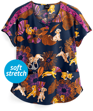 Cherokee Tooniforms Disney Nala and Simba Women's 2-Pocket Round Notched Neck Print Scrub Top