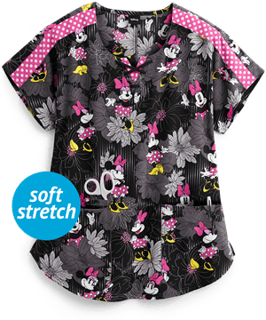 Cherokee Tooniforms Disney Love and Flowers Women's 2-Pocket Round Notched Neck Print Scrub Top