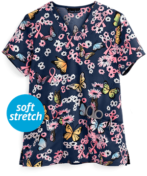 Cherokee Genuine Beautiful To Care Women's 2-Pocket V-Neck Print Scrub Top