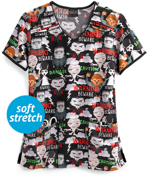 Cherokee Tooniforms Beware Of Monsters Women's 2-Pocket V-Neck Print Scrub Top