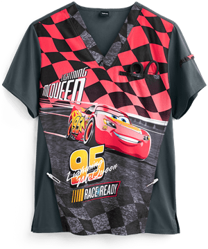 Cherokee Tooniforms Disney Lightning McQueen Men's 2-Pocket V-Neck Print Scrub Top