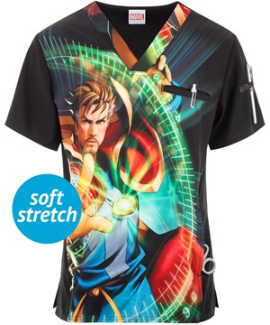 Cherokee Tooniforms Doctor Strange Men's 2-Pocket STRETCH V-Neck Print Scrub Top