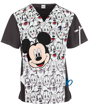 Cherokee Tooniforms Disney Men's Mickey and Friends Men's 2-Pocket V-Neck Print Scrub Top