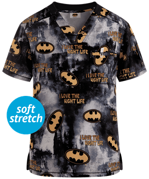 Cherokee Tooniforms Batman Night Life Men's 2-Pocket V-Neck Print Scrub Top