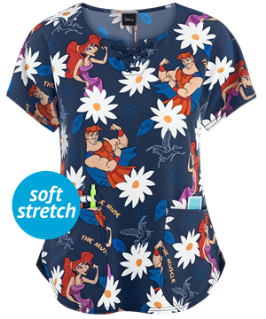 Cherokee Tooniforms Disney Hercules Lace-Up Women's 2-Pocket Notched Round Neck Print Scrub Top