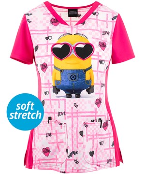 Cherokee Tooniforms Smitten Minion Women's 3-Pocket STRETCH Diamond Neck Print Scrub Top 
