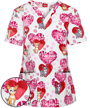Dickies EDS Fur Baby Women's 2-Pocket V-Neck Print Scrub Top