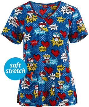 Dickies EDS Su-purr Cat Women's 2-Pocket V-Neck Print Scrub Top 