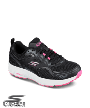 Skechers Go Run Black Leather/Pink Trim Consistent Women's Mesh Lace Up Athletic Nursing Shoes 