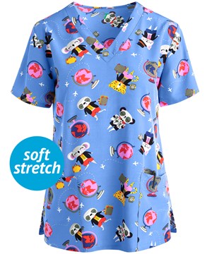 Green Town Around the World Women's 3-Pocket STRETCH V-Neck Print Scrub Top 