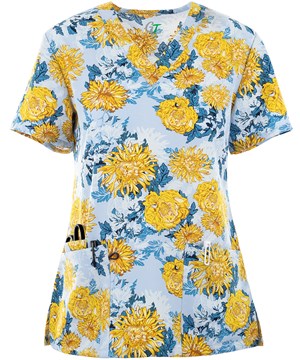 Green Town Fashion Floral Women's 3-Pocket V-Neck Print Scrub Top