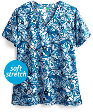 Green Town Forever Flowers Women's 3-Pocket V-Neck STRETCH Print Scrub Top