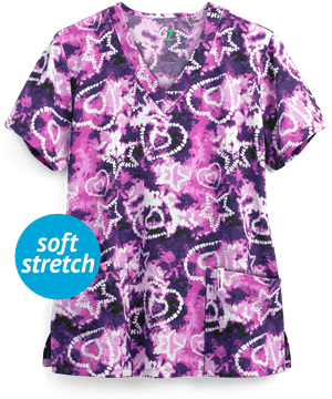 Green Town Heart Tie Dye Women's 3-Pocket V-Neck STRETCH Print Scrub Top
