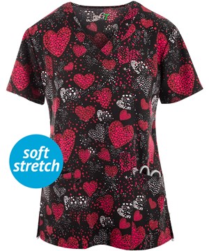 Green Town A Million Little Hearts Women's 3-Pocket V-Neck Print Scrub Top