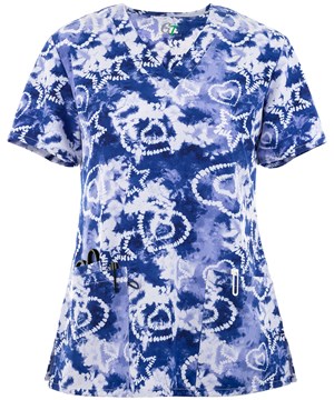 Green Town Tie Dye Stars and Hearts Women's 3-Pocket V-Neck Print Scrub Top