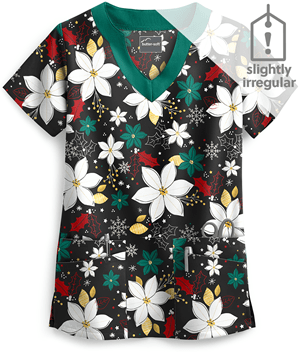 Butter-Soft Holiday Poinsettia Women's 4-Pocket Scallop Neck Print Scrub Top **Slightly IRREGULAR**