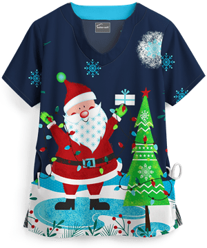 Butter-Soft Holly Jolly Santa Navy Women's 2-Pocket Scallop Neck Print Scrub Top