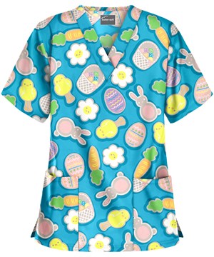 UA Easter Cookies Turquoise Women's 2-Pocket V-Neck Print Scrub Top