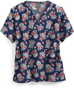 UA Holiday Monsters Navy Women's 2-Pocket V-Neck Print Scrub Top