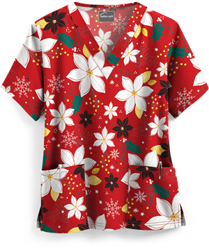 UA Holiday Poinsettia Red Women's 2-Pocket V-Neck Print Scrub Top