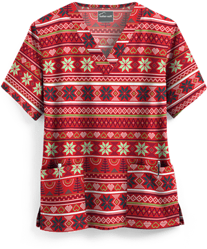 UA Holiday Sweater Red Women's 2-Pocket V-Neck Print Scrub Top