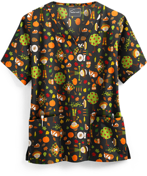Butter-Soft Harvest Party Women's 2-Pocket V-Neck Print Scrub Top