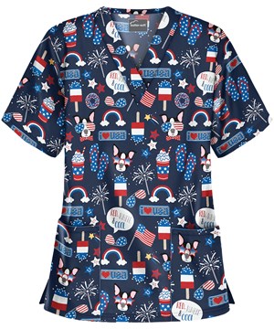 UA Red, White, and Cool Navy Women's 2-Pocket V-Neck Print Scrub Top