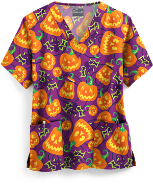 Butter-Soft Smiling Jack-o'-lanterns Berry Burst Women's 2-Pocket V-Neck Print Scrub Top