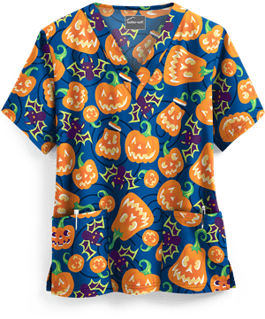 Butter-Soft Smiling Jack-o'-lanterns Royal Women's 2-Pocket V-Neck Print Scrub Top