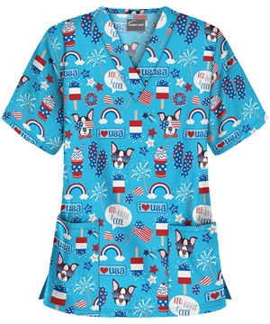 UA Red, White, and Cool Turquoise Women's 2-Pocket V-Neck Print Scrub Top
