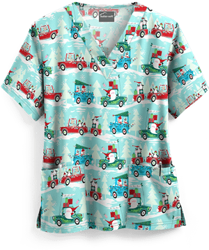 UA Traveling with Santa Aqua Moon Women's 2-Pocket V-Neck Print Scrub Top