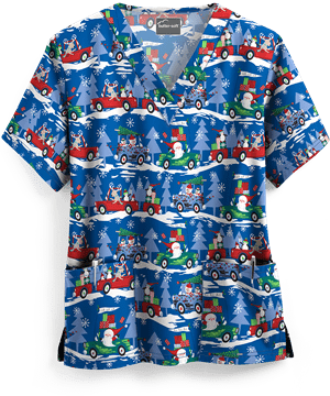 UA Traveling with Santa Royal Women's 2-Pocket V-Neck Print Scrub Top