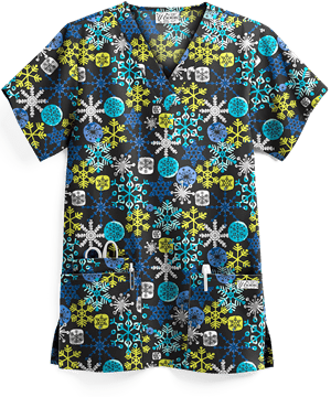 UA Snowflake Bliss Black Printed Women's 3-Pocket V-Neck Scrub Top