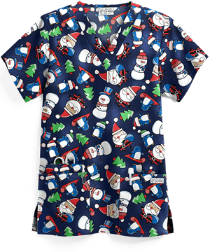 UA Christmas with Santa Navy Women's 3-Pocket V-Neck Print Scrub Top