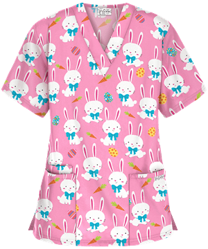 UA Best Buy Scrubs Easter Egg Hunt Pink Women's 3-Pocket V-Neck Print Top