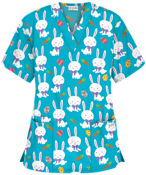 UA Best Buy Scrubs Easter Egg Hunt Turquoise Women's 3-Pocket V-Neck Print Top