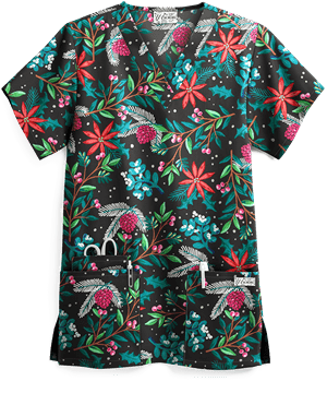 UA Poinsettia Garden Black Printed Women's 3-Pocket V-Neck Scrub Top
