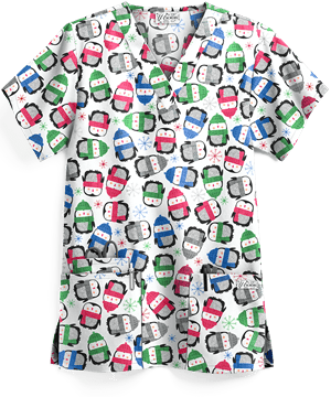 UA Winter Penguins White Printed Women's 3-Pocket V-Neck Scrub Top