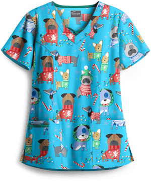 Butter-Soft Cuddly Pups Turquoise Women's 3-Pocket Criss Cross Print Scrub Top