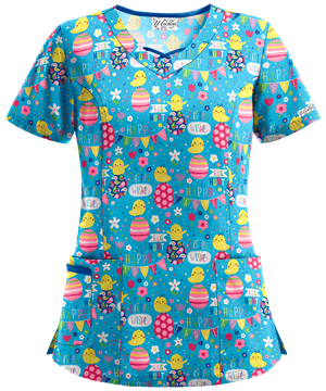 lUA Easter Wishes Turquoise Criss Cross Print Scrub Top