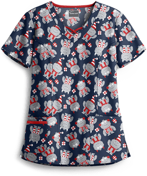 Butter-Soft Holiday Monsters Navy Women's 3-Pocket Criss Cross Print Scrub Top
