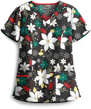 Butter-Soft Holiday Poinsettia Black Printed Women's 3-Pocket Criss Cross Scrub Top