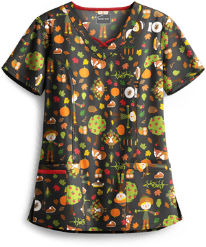 Butter-Soft Harvest Party Black Printed Women's 3-Pocket Criss Cross Scrub Top