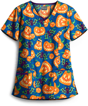 Butter-Soft Smiling Jack-o'-lanterns Royal Women's 3-Pocket Criss Cross Print Scrub Top
